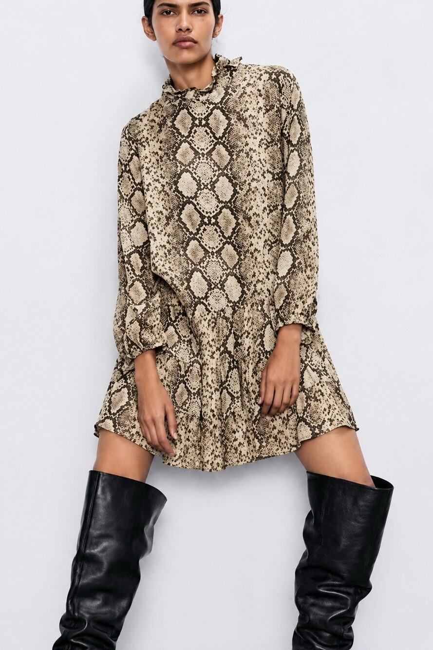 ZARA SNAKESKIN PRINT RUFFLE MINI DRESS SIZE L LONG SLEEVE ANIMAL PRINT